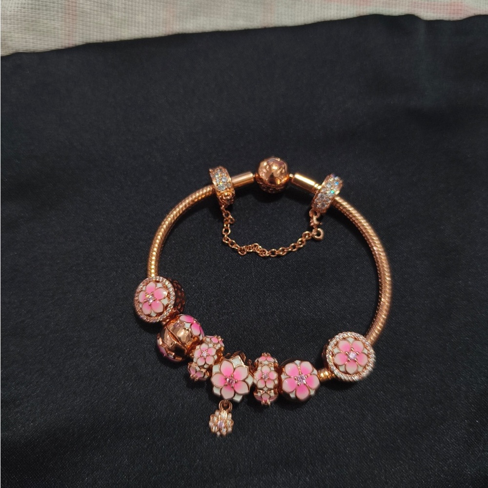 Pandora Rose Gold Charm Bracelet with Pink Floral Enamel